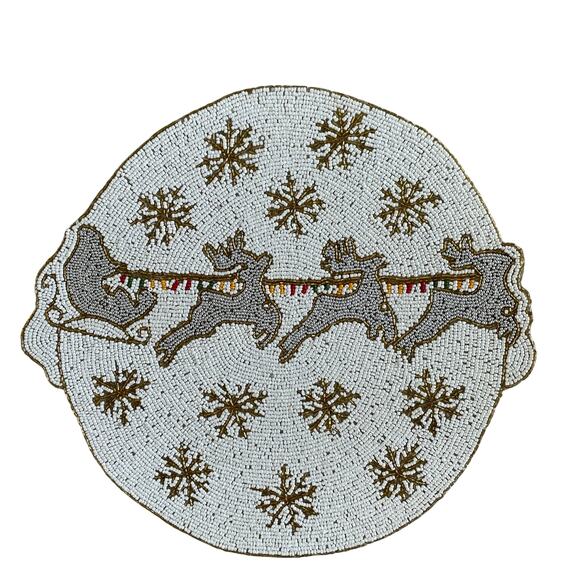 Tahari Christmas Beaded Placemat 15in Holiday Glam Reindeer Snowflakes NEW - Picture 1 of 8